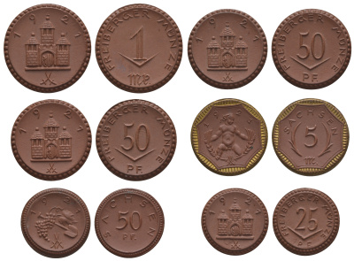 Германия (Саксония) набор из 6 нотгельдов (25 и 50 пфеннигов, 1 и 5 марок) 1921 коробка Йозефа Либана - крупнейшего торговец нотгельдами в Голландии Men05 8048.6, 10 и 12; ?22281.9 и 27868.36 фарфор 1-4-1-35