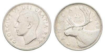 Канада 25 центов 1948 Георг V (1910-1936), олень KM 44 серебро 73-1326
