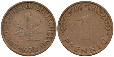 ФРГ 1 пфенниг 1970 F KM 105, J. 380 сталь плакированная медью    4598-447
