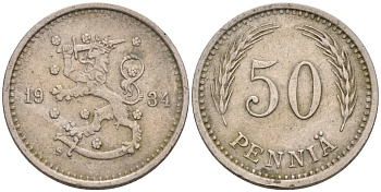 ФИНЛЯНДИЯ 50 ПЕННИ 1934 S KM 26 медно-никель 192-1115