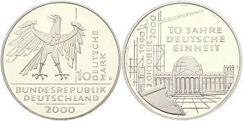 ФРГ 10 марок 2000 D, 10 лет немецкого единства KM 201 серебро PROOF 04-137-21