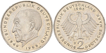 ФРГ 2 марки 1985 D, Конрад Аденауэр, 20 лет Федеративной Республике (1949-1969) KM 124, J. 406 медно-никель плакированный никелем 4137-442