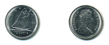 КАНАДА 10 ЦЕНТОВ 1984 ПАРУСНИК KM 77.2 никель UNC 540-732