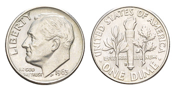 США 1 дайм (10 центов) 1963 D KM 195 серебро aUNC 4639-233