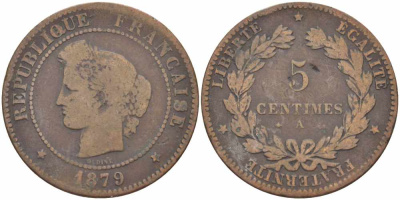 ФРАНЦИЯ 5 САНТИМОВ 1879 A, ТРЕТЬЯ РЕСПУБЛИКА (1871-1940) KM 821.1, LE FRANC 118.21 бронза 108-725