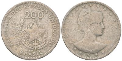 Бразилия 200 реалов 1901 MCMI, голова свободы вправо KM 504 медно-никель 4612-115