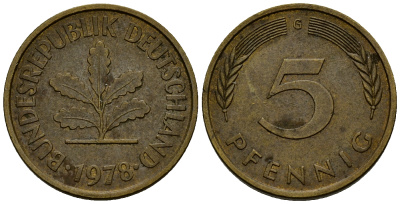 ФРГ 5 пфеннигов 1978 G J.382, KM 107 сталь плакированная латунью    4598-1018