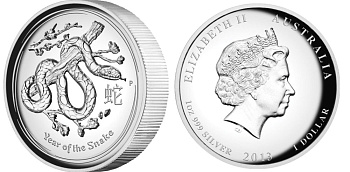 Австралия 1 доллар 2013 год змеи, высокорельефная KM NEW серебро PROOF 1074-2-14