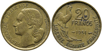ФРАНЦИЯ 20 ФРАНКОВ 1951 ПЕТУХ, 4 ПЕРА KM 917.1, LE FRANC 402.7 алюминивая бронза 98-321