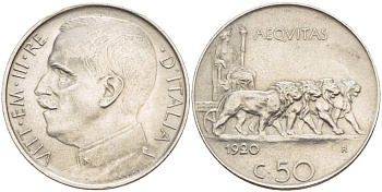 ИТАЛИЯ 50 ЧЕНТЕЗИМО 1920 R, ВИКТОР ЭММАНУИЛ III (1900-1946), ГЛАДКИЙ ГУРТ, МАГНИТНАЯ KM 61.2 никель VF+ 55-113