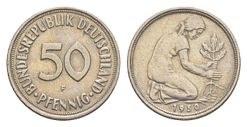 ФРГ 50 пфеннигов 1950 F KM 109, J. 384 медно-никель 4643-136