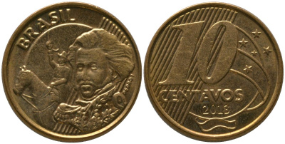 Бразилия 10 сентаво 2013 KM 649, Schon 157 сталь плакированная бронзой 4523-926