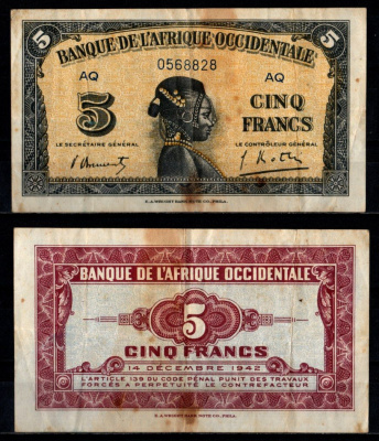 Французская Западная Африка 5 франков 1942 Pick 28 b бумага 7217-25-1-1