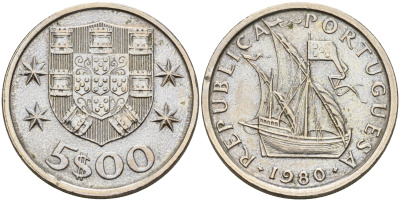 Португалия 5 эскудо 1980 парусник KM 591 медно-никель  UNC  4161-812