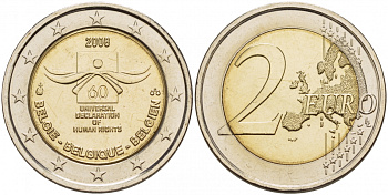 Бельгия 2 евро 2008 60 лет принятие декларации прав человека KM 248 биметалл UNC 1094-6-41