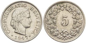 ШВЕЙЦАРИЯ 5 РАППЕНОВ 1947 В KM 26 медно-никель 4532-943