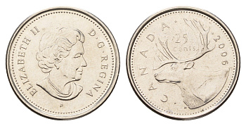 Канада 25 центов 2006 Leaf, Елизавета II (1952-2022), олень KM 493 сталь плакированная никелем UNC 4678-1141