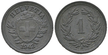 Швейцария 1 раппен 1942 B KM 3a цинк 4124-557