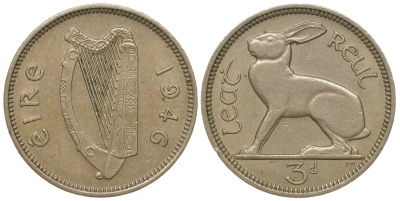 Ирландия 3 пенса 1946 заяц KM 12a медно-никель 3334-1143