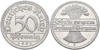 Германия 50 пфеннигов 1921 A KM 27, J.301, Weege 10 алюминий UNC 4584-834