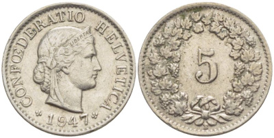 ШВЕЙЦАРИЯ 5 РАППЕНОВ 1947 В KM 26 медно-никель 4532-943
