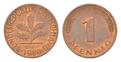 ФРГ 1 пфенниг 1980 J KM 105, J.380 сталь плакированная медью aUNC 4630-911