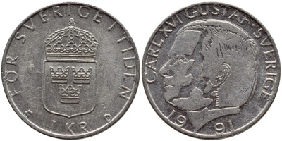 Швеция 1 крона 1991 Карл XVI Густав (1973- ) KM 852a медно-никель 4388-841