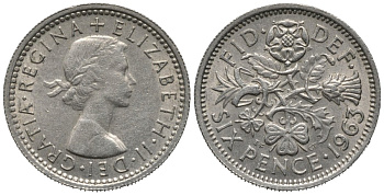 Великобритания 6 пенсов 1963 Елизавета II (1952-2022) KM 903, Spink 4149 медно-никель 192-849