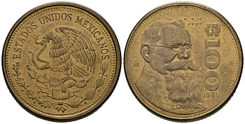 Мексика 100 песо 1989 Мо, Венустиано Карранса де ла Гарса KM 493 алюминиевая бронза 88-1141