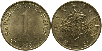 АВСТРИЯ 1 ШИЛЛИНГ 1988 KM 2886 алюминиевая бронза 33-524
