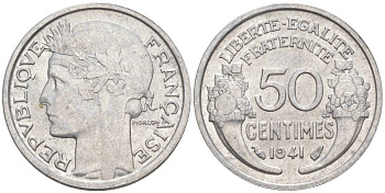 ФРАНЦИЯ 50 САНТИМОВ 1941 ТИП MORLON LOURDE KM 894.1a, LE FRANC 193.2 алюминий 44-314