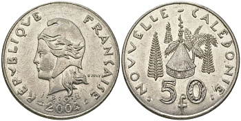 Французская Новая Каледония 50 франков 2004 хижина среди сосен и пальм, (IEOM) KM 13, Schoen 15, Lec 121 никель 111-1212