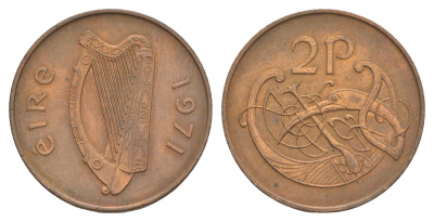 Ирландия 2 пенса 1971 виньетка в виде стилизованной птицы из второй библии Карла II лысого KM 21 бронза 4595-846