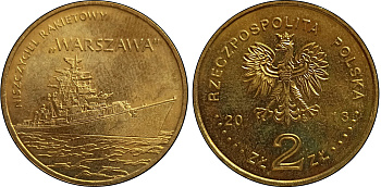 Польша 2 злотых 2013 MW, серия суда польского флота, ракетный эсминец "Варшава" KM 859 нордик UNC 4676-953