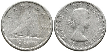 Канада 10 центов 1956 Елизавета II (1952-2022), парусник, без точки KM 51 серебро 4532-753