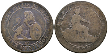 Испания 10 сентимо 1870 ОМ, лев со щитом KM 663 (Y54) медь 08-836