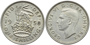 Великобритания 1 шиллинг 1950 Георг VI (1936-1952), Английский герб KM 876, Spink 4108 медно-никель 4395-1222