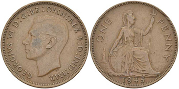 Великобритания 1 пенни 1945 Георг VI (1936-1952) КМ 845, Spink 4114 бронза 180-1215