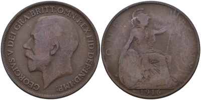 Великобритания 1 пенни 1916 Георг V (1910-1936) КМ 810, Spink 4051 бронза 4593-145