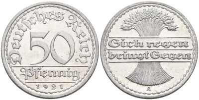 Германия 50 пфеннигов 1921 A KM 27, J.301, Weege 10 алюминий UNC 4584-826