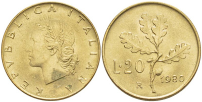 ИТАЛИЯ 20 ЛИР 1980 R, ДУБОВЫЕ ЛИСТЬЯ KM 97.2 алюминиевая бронза UNC 4551-314