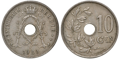Бельгия 10 сантимов 1929 Belgie, Альберт I KM 86 медно-никель 4163-732