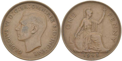 Великобритания 1 пенни 1945 Георг VI (1936-1952) КМ 845, Spink 4114 бронза 3460-615
