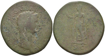 Римская Империя сестерций 41 - 42 Клавдий, TI CLAVDIVS CAESAR AVG P M TR P IMP, голова императора / SPES AVGVSTA S C, Спея, богиня Здоровья, Рим, 23,86 гр RIC 99 бронза 1073-22-52