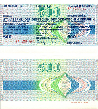 ГДР 500 марок 1990 дорожный чек, серия АА бумага UNC (пресс) 7523-21-1-1