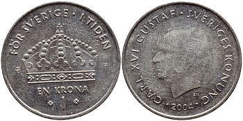 Швеция 1 крона 2004 Карл XVI Густав (1973- ) KM 894 медно-никель 177-227