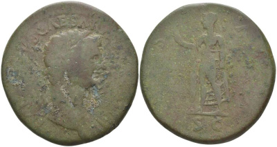 Римская Империя сестерций 41 - 42 Клавдий, TI CLAVDIVS CAESAR AVG P M TR P IMP, голова императора / SPES AVGVSTA S C, Спея, богиня Здоровья, Рим, 23,86 гр RIC 99 бронза 1073-22-52