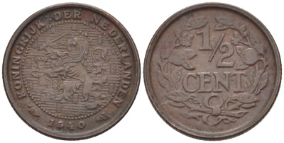 НИДЕРЛАНДЫ 1/2 ЦЕНТА 1940 ВИЛЬГЕЛЬМИНА (1890-1948) KM 138 бронза 39-241