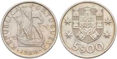 ПОРТУГАЛИЯ 5 ЭСКУДО 1980 ПАРУСНИК KM 591 медно-никель 98-1132