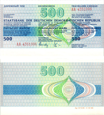 ГДР 500 марок 1990 дорожный чек, серия АА бумага UNC (пресс) 7523-21-1-1